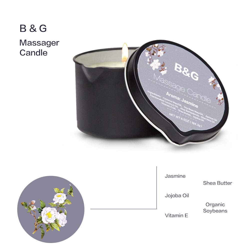 B & G Aromatherapy Massage Candle - 6.5Oz Moisturizing Scented Candle with Jasmine Essential Oil for Relaxation, Intimacy & Home Spa - Perfect for Couples Massage, Self-Care & Romantic Nights