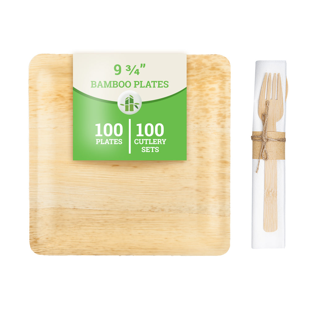 100% Natural Bamboo Leaf Dinner Plates (10-Pack) & Disposable Flatware Set (100-Pack) - Eco-Friendly Compostable Tableware for Parties, Picnics, and Sustainable Dining