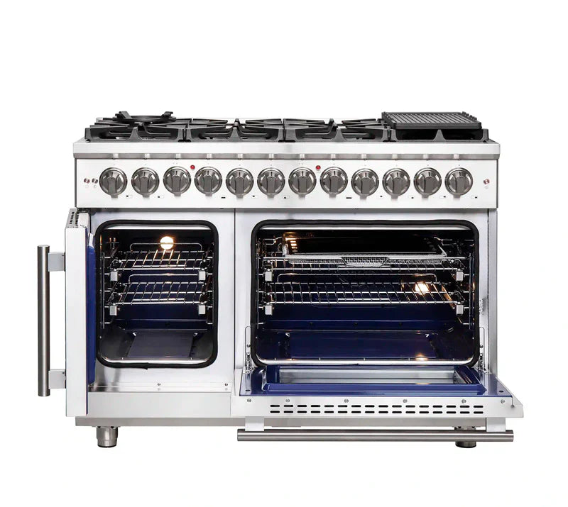 FORNO Massimo 48 Inch Freestanding Dual Fuel Range with French Doors - Stainless Steel FFSGS6325 | Professional Gas & Electric Oven for Home Chefs | Perfect for Baking, Roasting & Entertaining