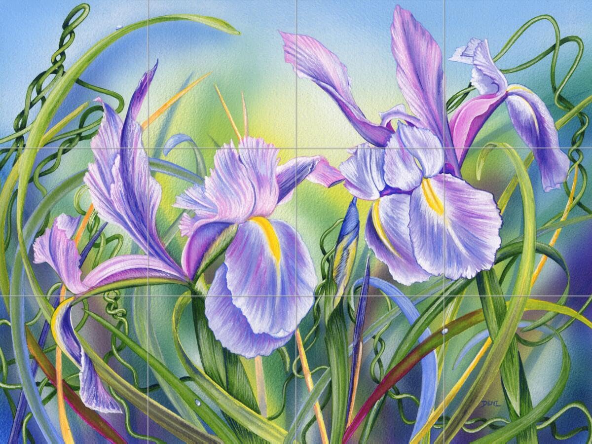 Denise Freeman Floral Ceramic Backsplash Tile Mural - Spring Iris Design for Kitchen & Bathroom Wall Decor - Perfect for Home Renovation and DIY Projects