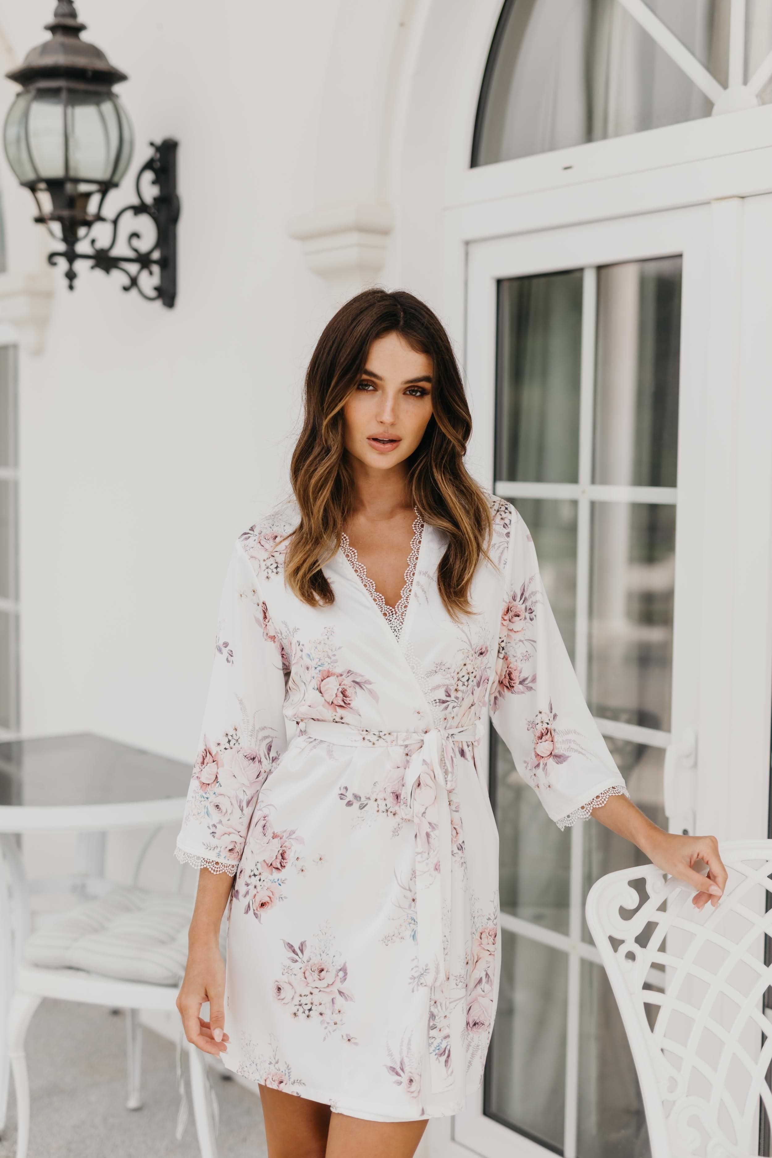 Elegant Rose Mist Floral Lace Trim Satin Robe - Women's Luxury Kimono Bathrobe for Bridal, Spa, Honeymoon & Boudoir Photography