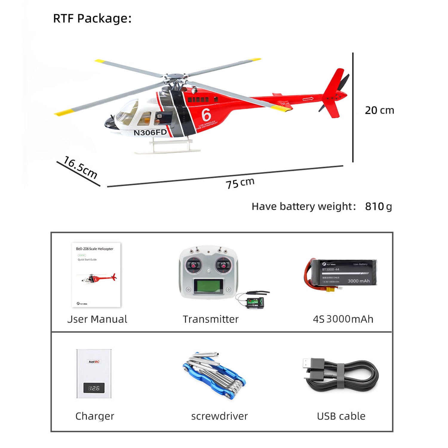 2.4G RC Scale FlyWing BELL 206 Helicopter - 4 Blade Rotor Remote Control Aircraft with GPS & Brushless Motor - Ready to Fly Smart Drone Gift for Adults & Kids - Outdoor Flying, Aerial Photography, Hobby Collection
