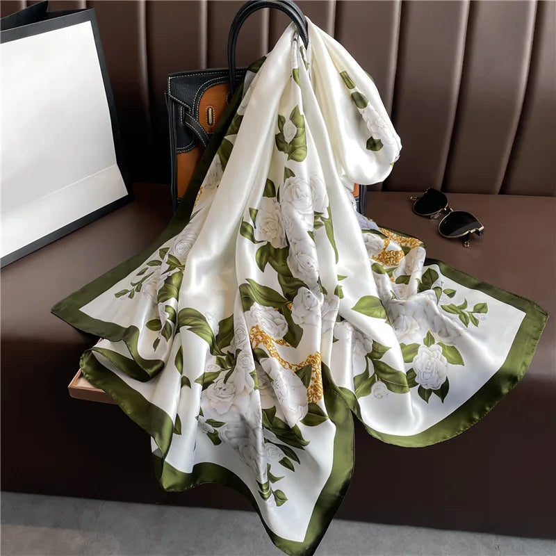 180x90cm Luxury Silk Scarf for Women - Floral Printed Large Shawl, Sun Protection Wrap, Soft Bandana, Hijab & Muffler - Perfect for Beach, Travel, and Formal Occasions