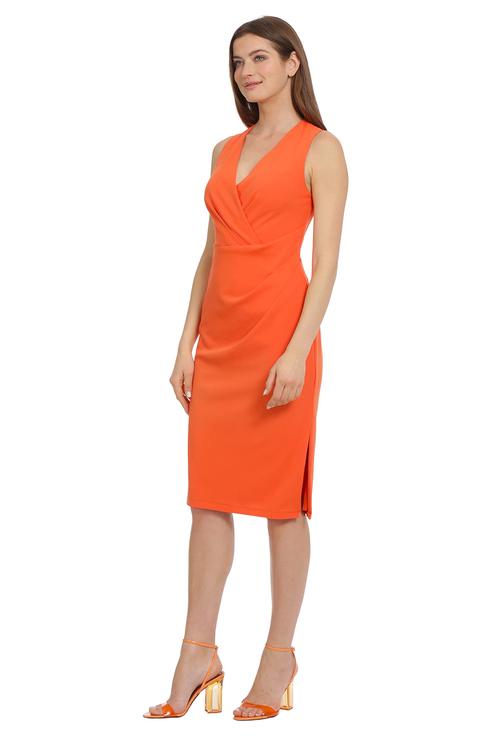 Maggy London Women's Crepe V-Neck Dress with Flattering Ruching & Slit Detail - Elegant Office to Evening Dinner Party Wear for Special Occasions