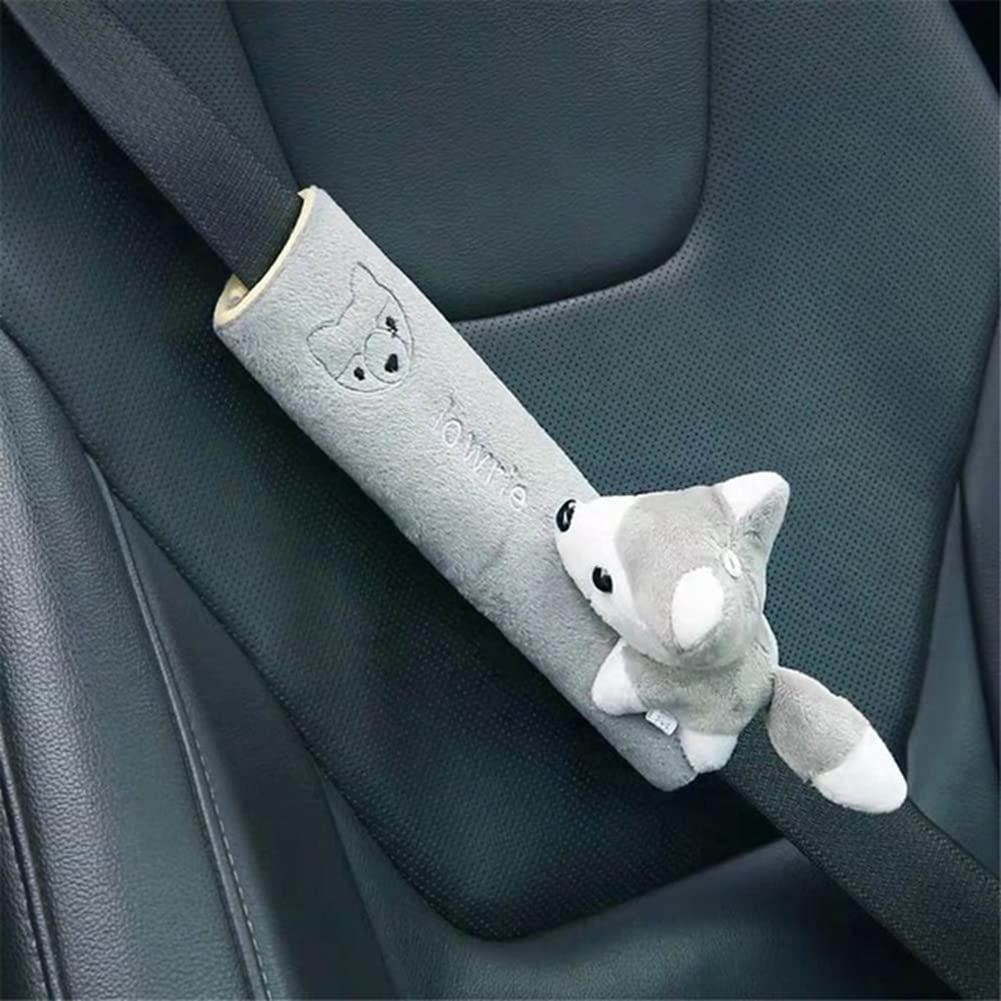 Katutude Adjustable Super Soft Car Seat Belt Cushion Cover - Plush Animal Shoulder Strap Pad Protector for Kids & Adults (Gray Fox) | Comfortable Driving & Long Road Trip Accessory