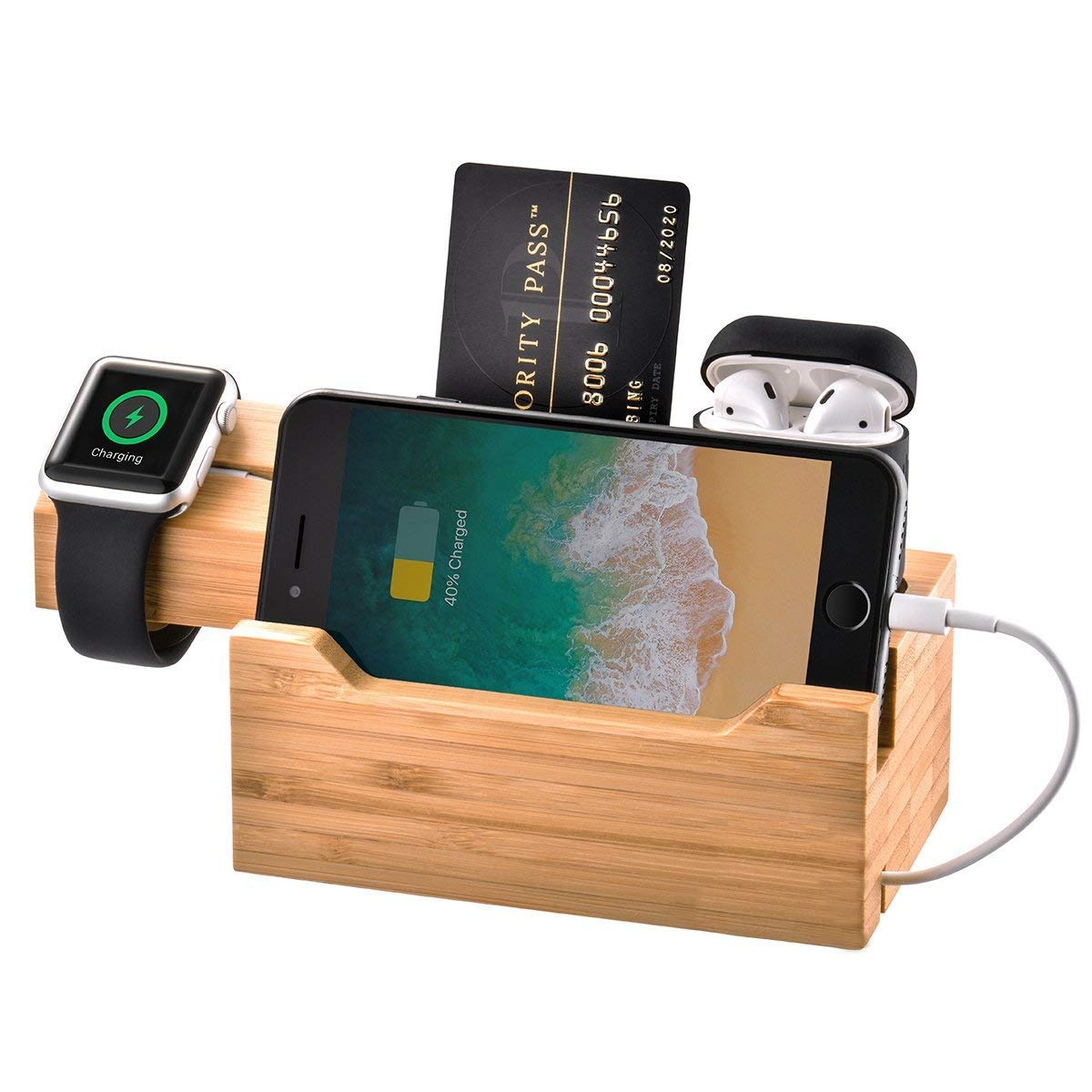 Bamboo 3-Port USB Charging Station Dock - Fast Charger Hub for iPhone 13/12/11 Pro Max/XS/X/8 Plus, Apple Watch Series 2/3/4 (38mm & 42mm), AirPods & Samsung Phones - Perfect for Home Office Desk Organization & Multi-Device Charging