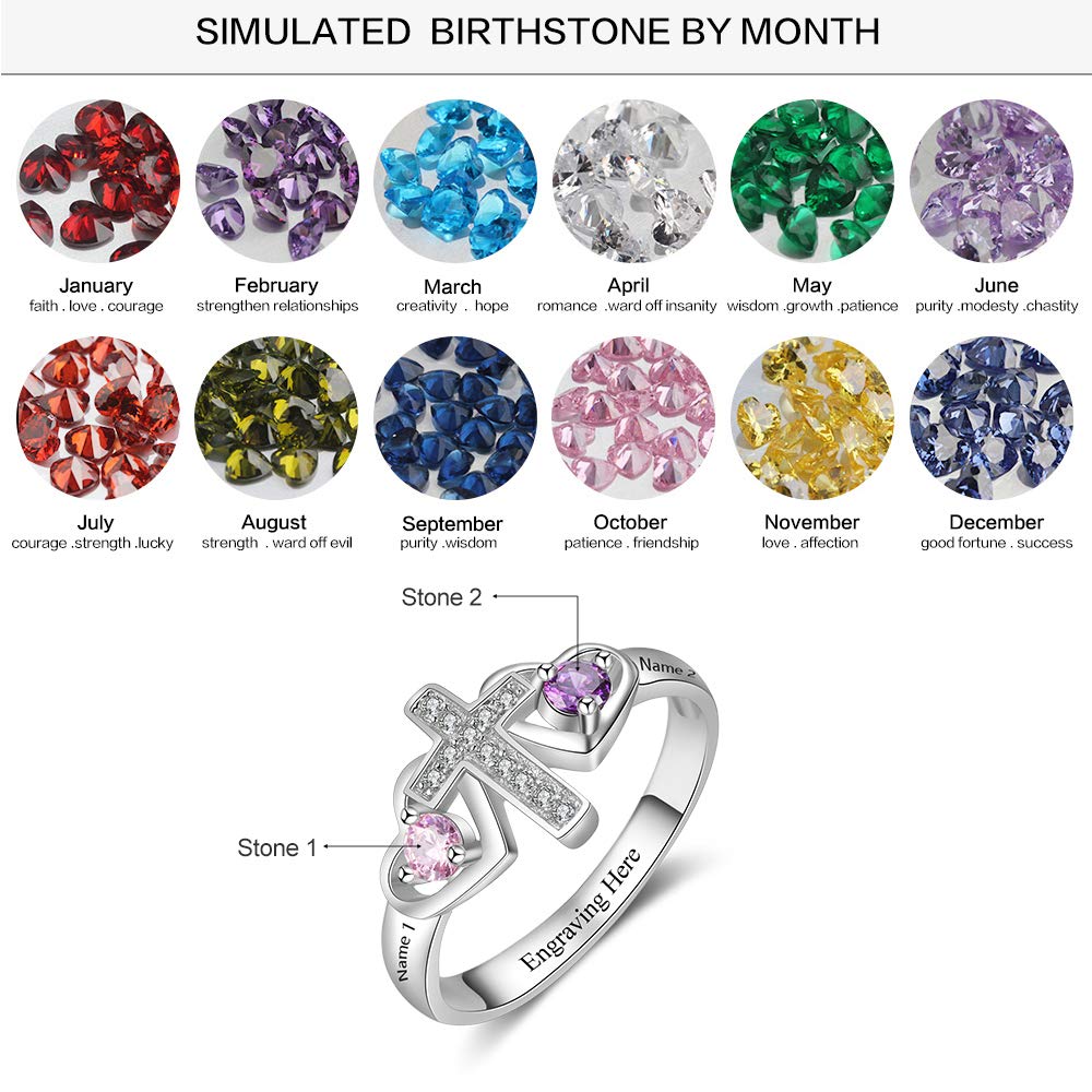 Personalized Sterling Silver Mother's Ring with 2 Birthstones & Names - Custom Engraved Cross Ring for Women, Mom, Grandma, Wife, Daughter - Perfect Mother's Day Gift, Promise Ring & Keepsake Jewelry for Special Occasions