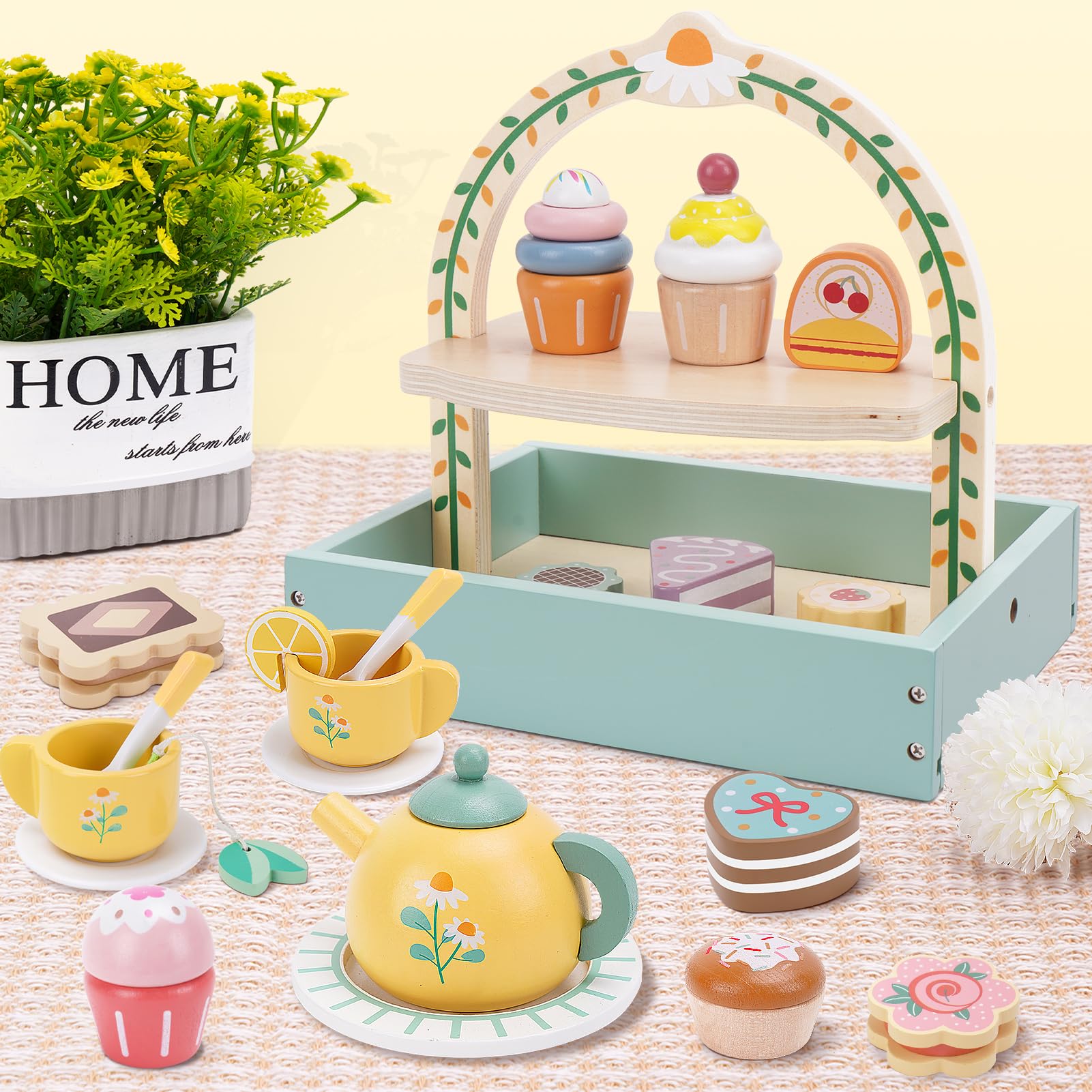 Wooden Tea Party Set for Kids - Pretend Play Tea Set with Cupcake Stand & Play Kitchen Accessories - Montessori Learning Toys for Toddlers Ages 3-6 - Perfect Birthday Gift for Girls (Great for Imaginative Play, Tea Parties & Role-Playing Games)