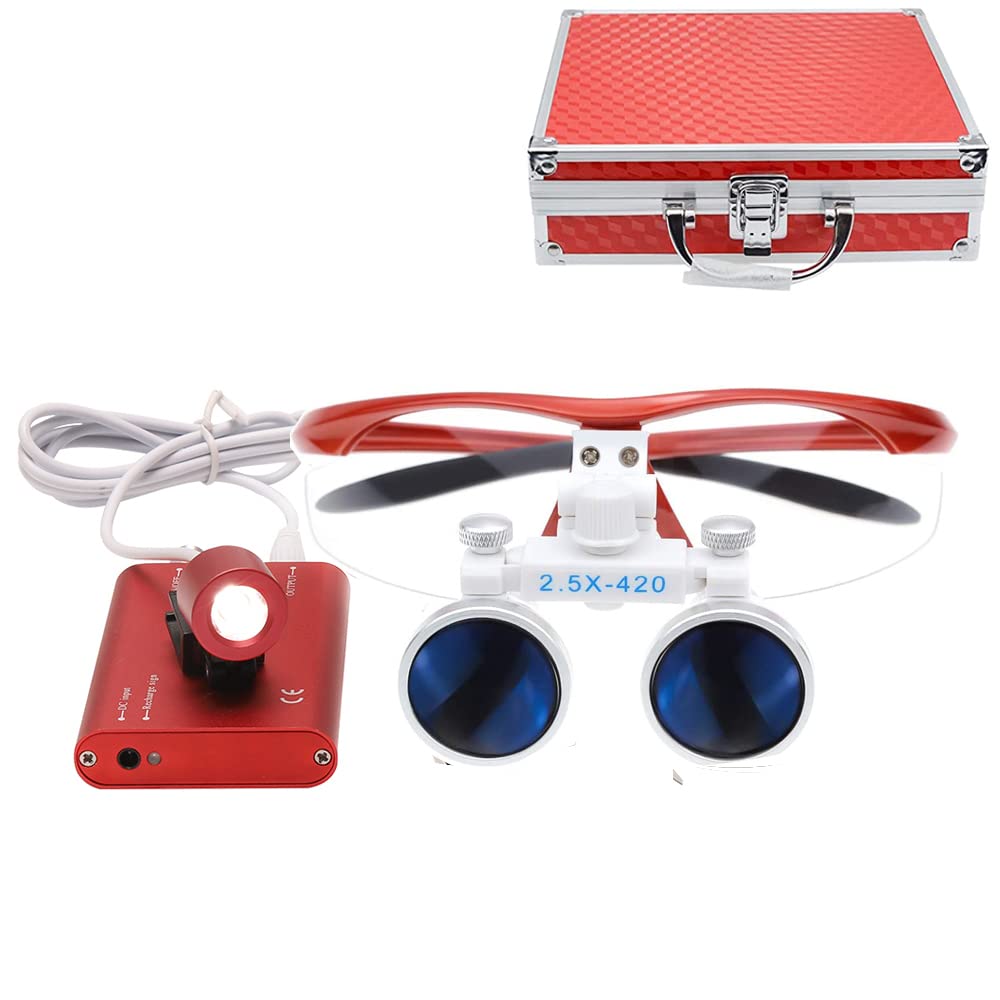 2.5X LED Illuminated Binocular Loupes Magnifier with Head Light - Portable Lab Equipment in Aluminum Box (Red) - Perfect for Jewelry Making, Watch Repair & Dental Work