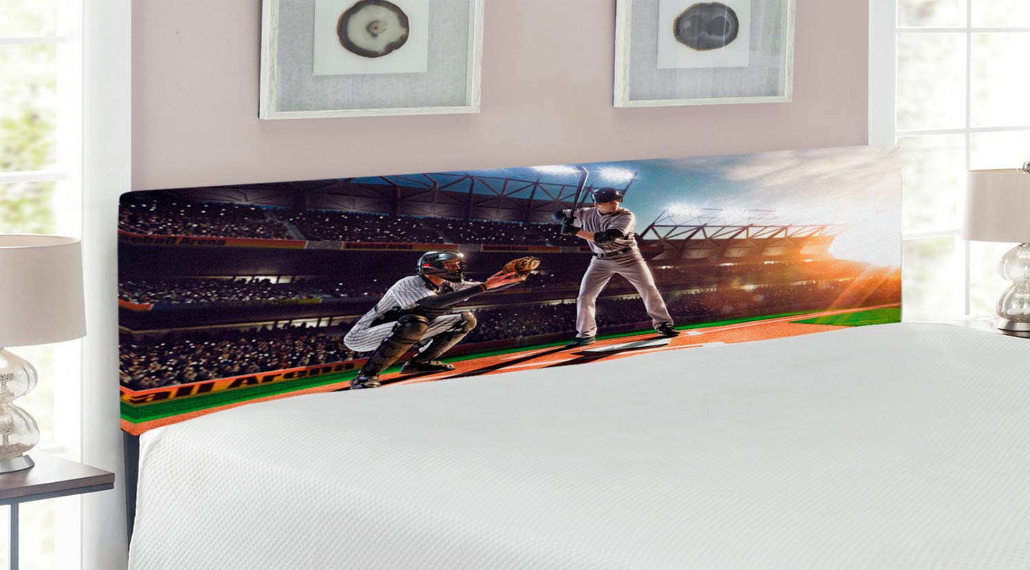 Ambesonne King Size Upholstered Headboard with Memory Foam - Baseball Players Sports Print Decorative Metal Bed Frame for Teen Room | Perfect for Sports Fans Bedroom Decor & Game Room Theme