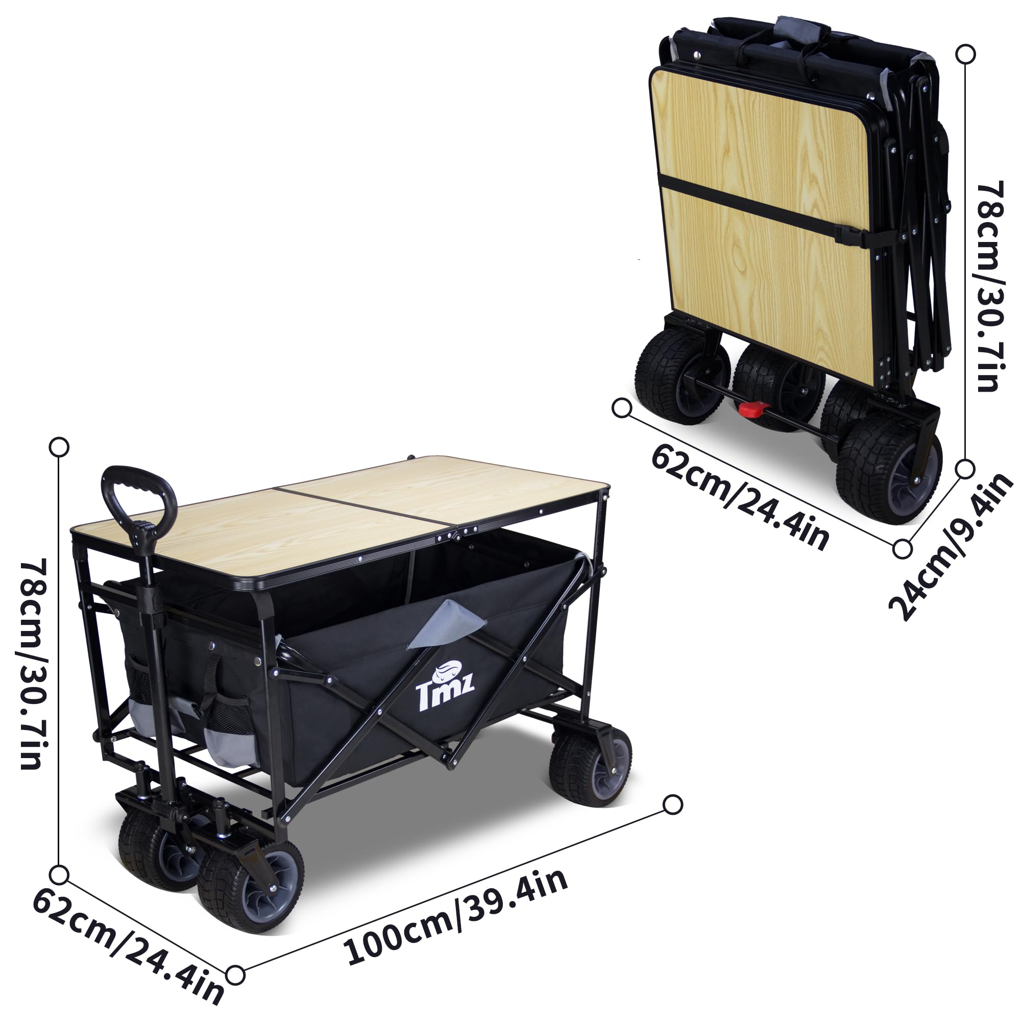 TMZ Heavy Duty All Terrain Folding Wagon Cart with Removable Table - Collapsible Utility Wagon for Camping, Beach, Garden, Shopping & Outdoor Activities | Portable for Picnics, Tailgating & Farmers Markets (Black/Grey)