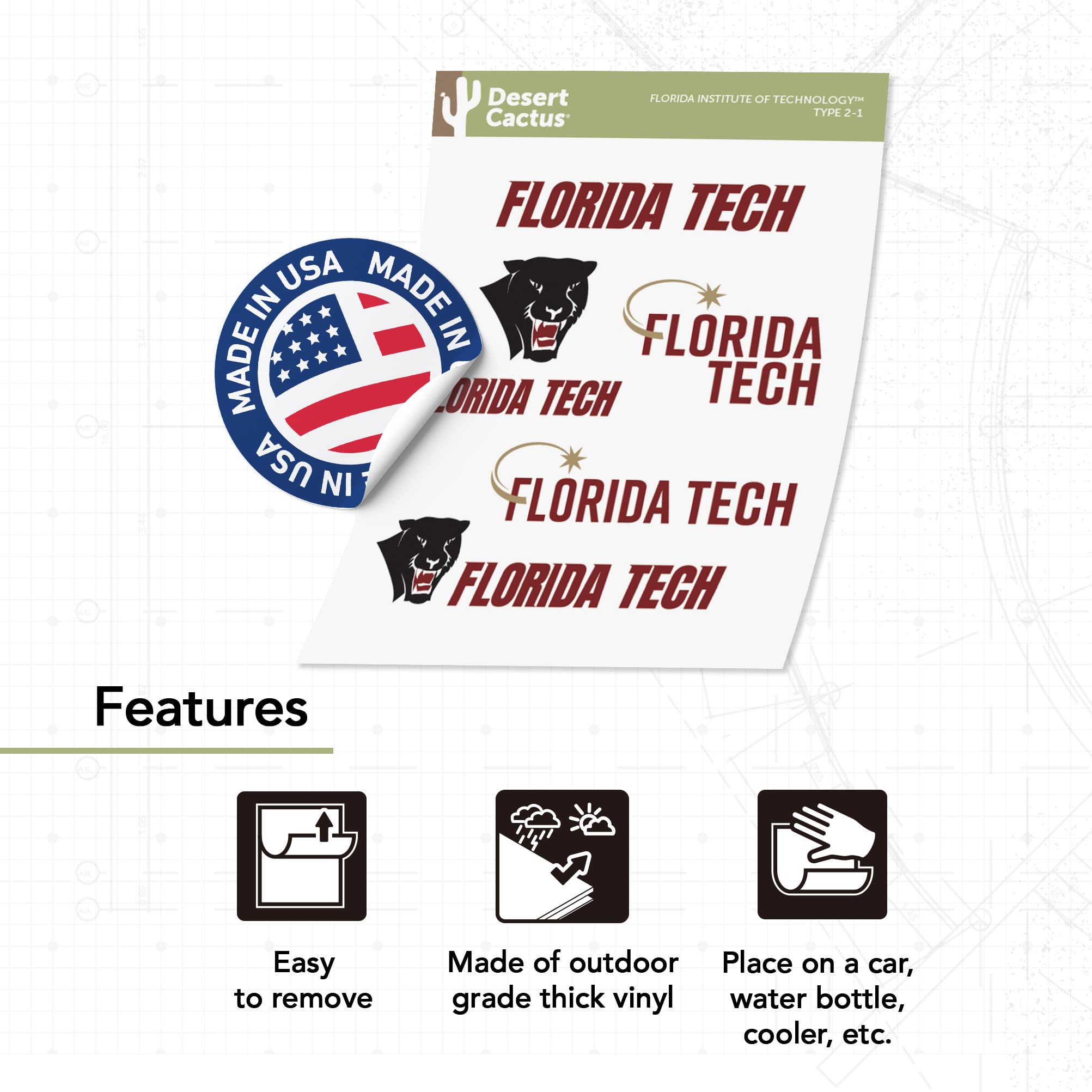 Florida Tech Panthers Vinyl Decal Sticker - Desert Cactus Design for Laptop, Water Bottle, Car & Scrapbook - FIT University Spirit Gear | Perfect for College Students, Alumni & Fans