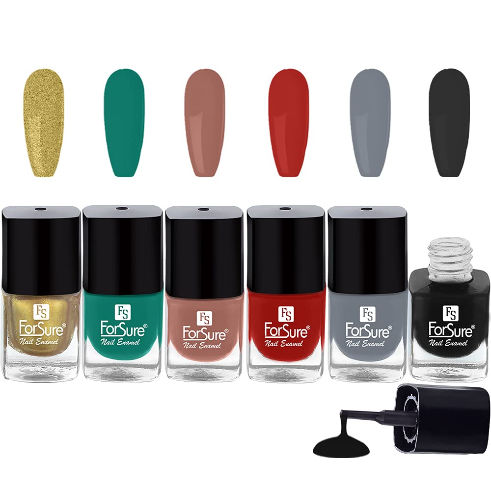 ForSure® Gel Nail Polish Set - 6 Quick Drying Long Lasting Chip Resistant Nail Colors (Golden, Deep Red, Nude, Grey, Green, Black) - 5ml Each - Perfect for Salon, Home Manicures & Nail Art Designs