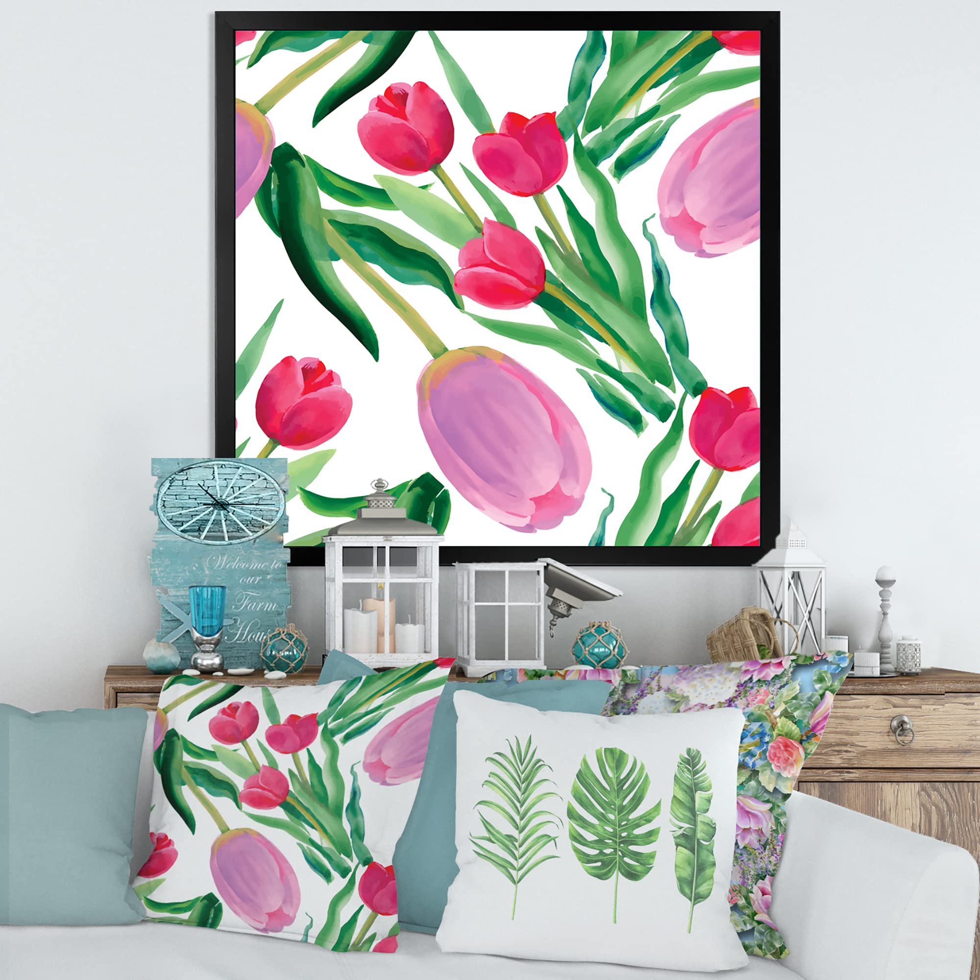 Blooming Pink Tulips Framed Wall Art - Traditional Floral Home Decor for Living Room, Bedroom & Office