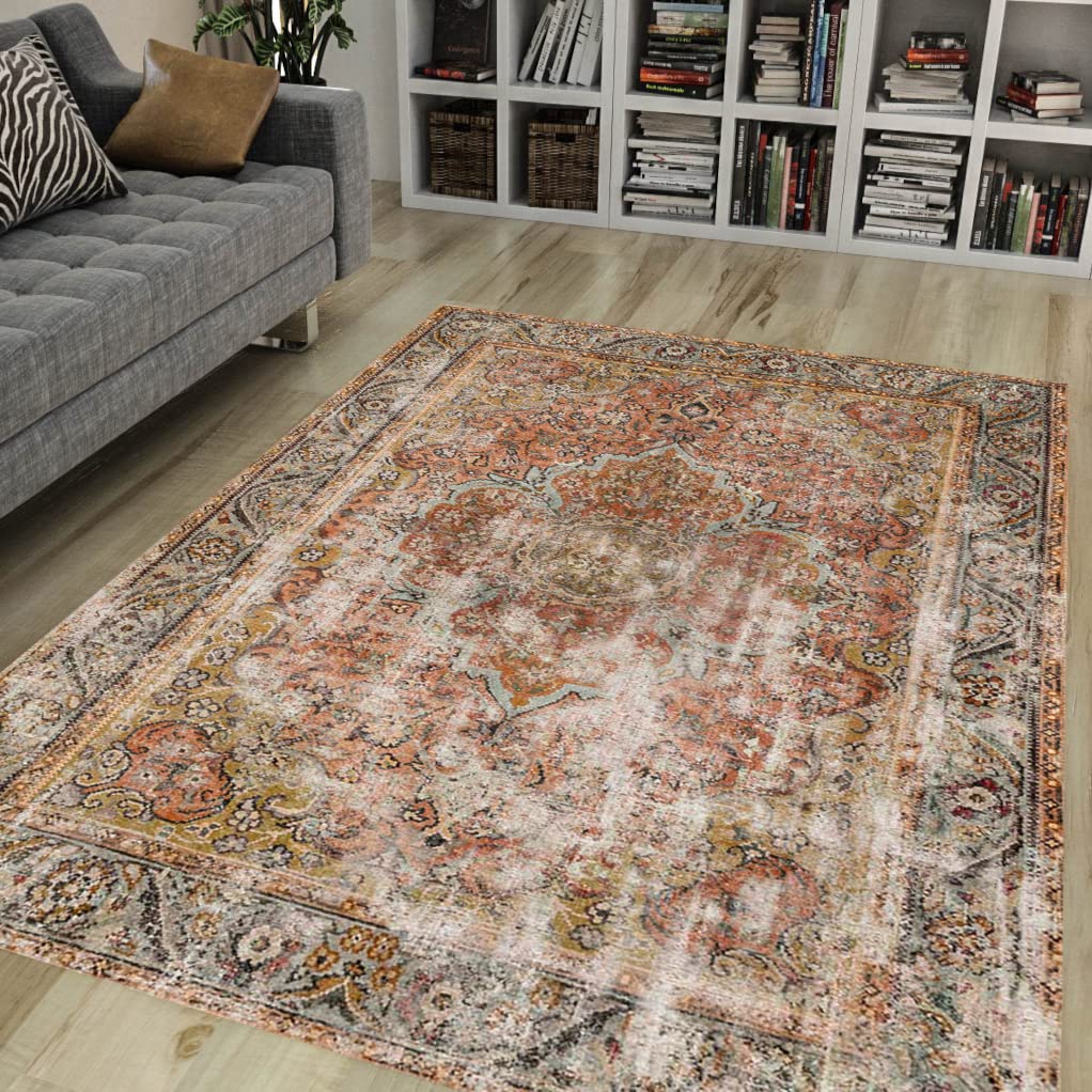 Vintage Collection 8' x 10' Area Rug - Washable Non-Shedding Stain Resistant Pet Friendly - Perfect for Living Room, Dining Room & Bedroom - Brick/Camel Color by SAROUGH