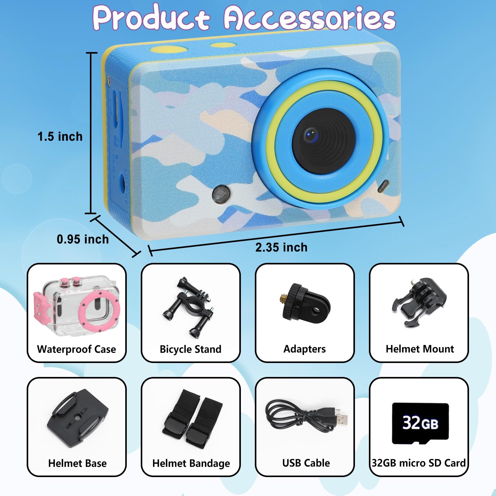 Waterproof Kids Camera for 3-8 Year Old Boys & Girls - Underwater Toddler Digital Camera with 32GB SD Card - Perfect Birthday Gift & Travel Toy for Ages 4-10 (Blue)