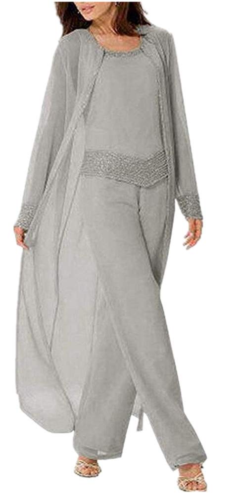 Elegant Plus Size Chiffon Mother of The Bride Pantsuits 3-Piece Outfit Set with Long Sleeves - Perfect for Weddings, Formal Events & Special Occasions