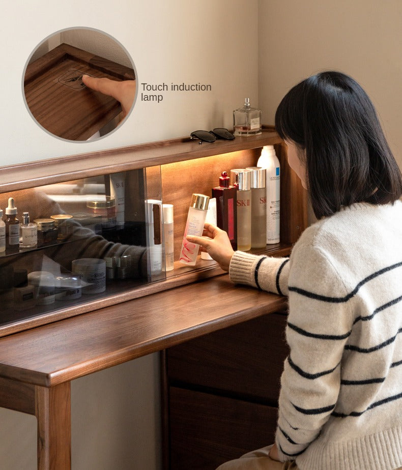 Premium Black Walnut Solid Wood Extendable Vanity Dressing Table with Mirror - Perfect for Bedroom, Bathroom & Makeup Organization