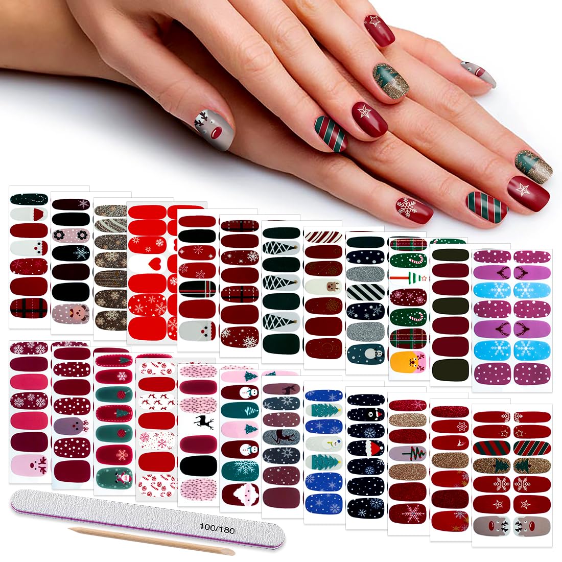 336-Piece Christmas Nail Stickers Set - 24 Sheets Full Nail Wraps with Adhesive, Nail Art Decals & Polish Strips for Women (Includes Nail File & Cuticle Stick) - Perfect for Holiday Parties, Gift Giving & DIY Manicures