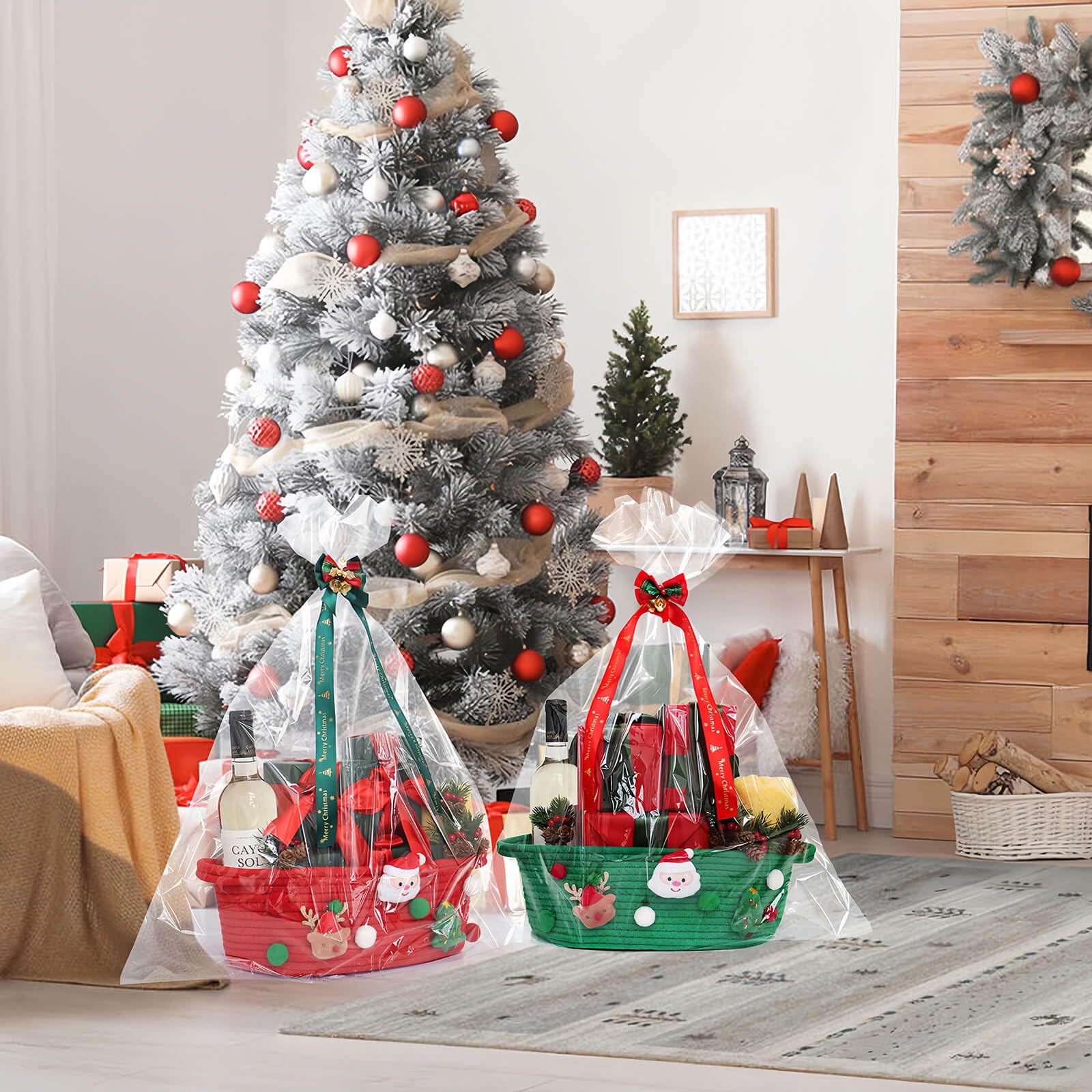 Christmas Gift Basket Set - Small Red Cotton Rope Basket with Gift Bag, Bow Ribbon & Handle | Holiday Wrapping Storage for Toys, Snacks & Home Decor | Perfect Xmas Gifts for Women, Men & Kids | Great for Holiday Parties, Gift Exchanges & Festive Home Decor