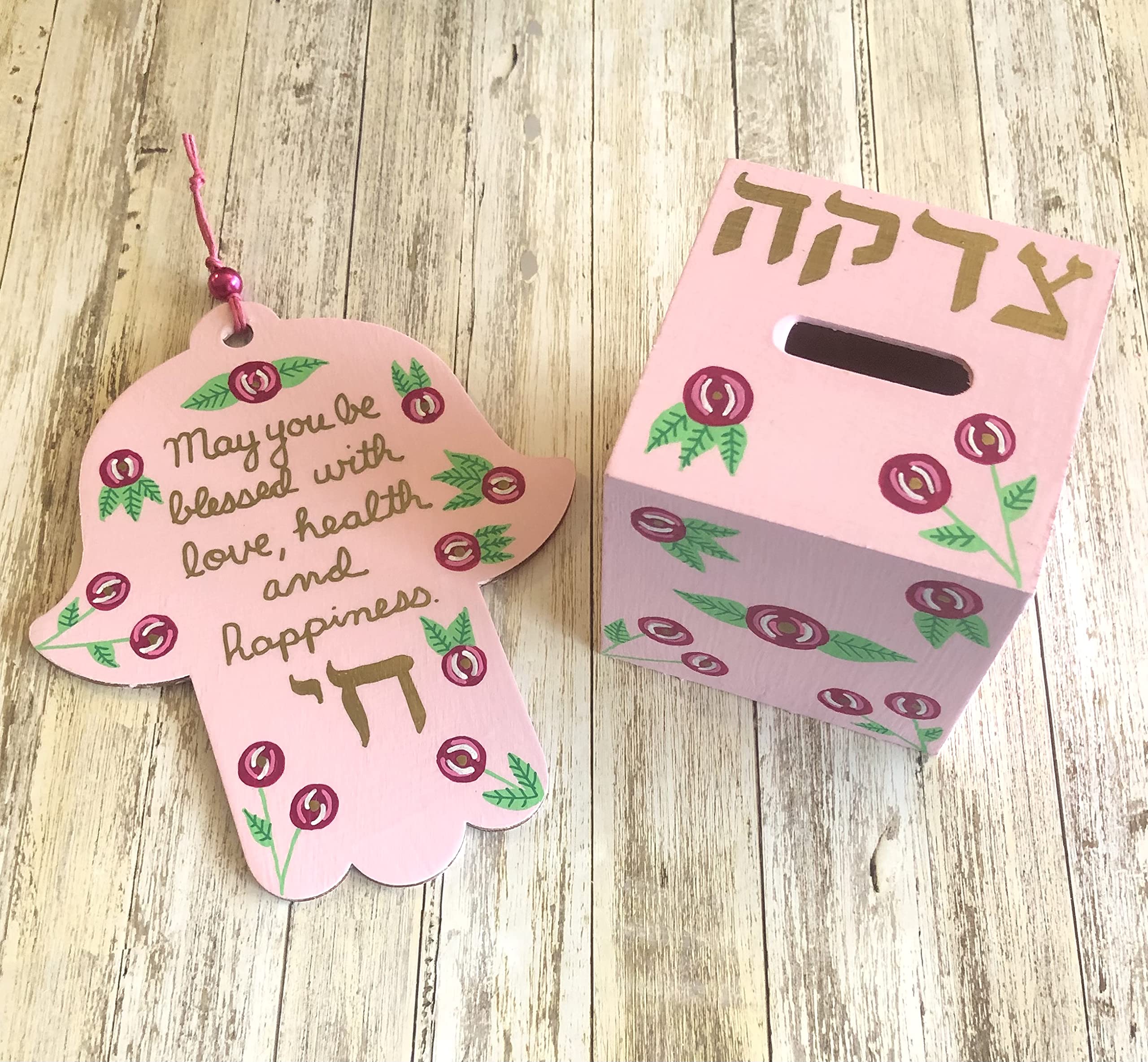 Pink Roses Hamsa Mezuzah Tzedakah Box Set with Kosher Scroll - Jewish Baby Naming Gift for Girls, Housewarming & Spiritual Blessings - Perfect for Synagogue, Home Decor & Jewish Ceremonies