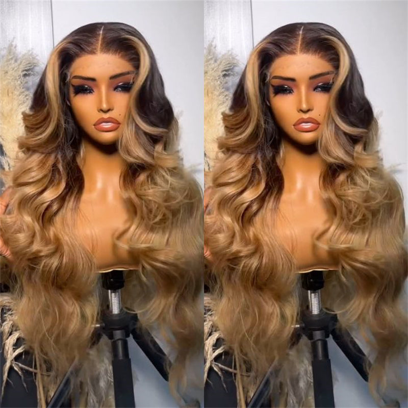 Eullair Glueless Dark Root Ombre Ash Honey Blonde Human Hair Wig with Skunk Stripe Lace Frontal - Perfect for Cosplay, Daily Wear & Special Occasions