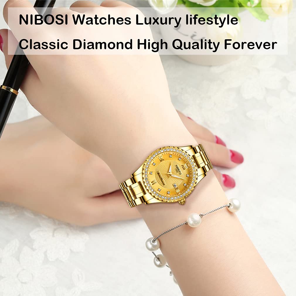 Luxury NIBOSI Women's Watches - Diamond Accent Gold & Silver Stainless Steel Analog Quartz Dress Watch with Luminous Hands, Waterproof, Day/Date Display - Perfect Gift for Wife, Mother, Daughter - Ideal for Office, Party, Wedding & Everyday Wear