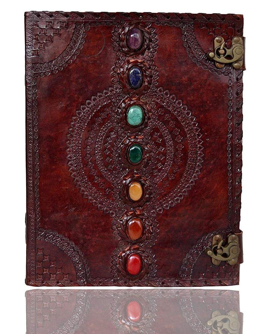 Vintage Leather Journal Notebook - 10 x 13 Inches Handmade Book of Shadows with Seven Chakra & Medieval Stone Embossing | Perfect for Wicca, Witchcraft, Poetry Writing, Sketching, College Notes & Office Diary | Spiritual Gift & Meditation Companion