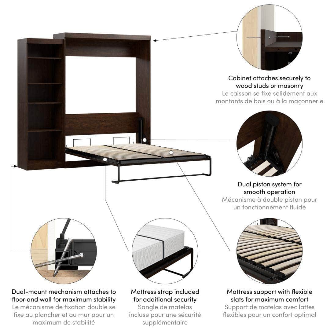 Pur 90 Queen Size Murphy Wall Bed with Storage Unit in Chocolate - Space Saving Fold Down Bed for Small Apartments & Guest Rooms
