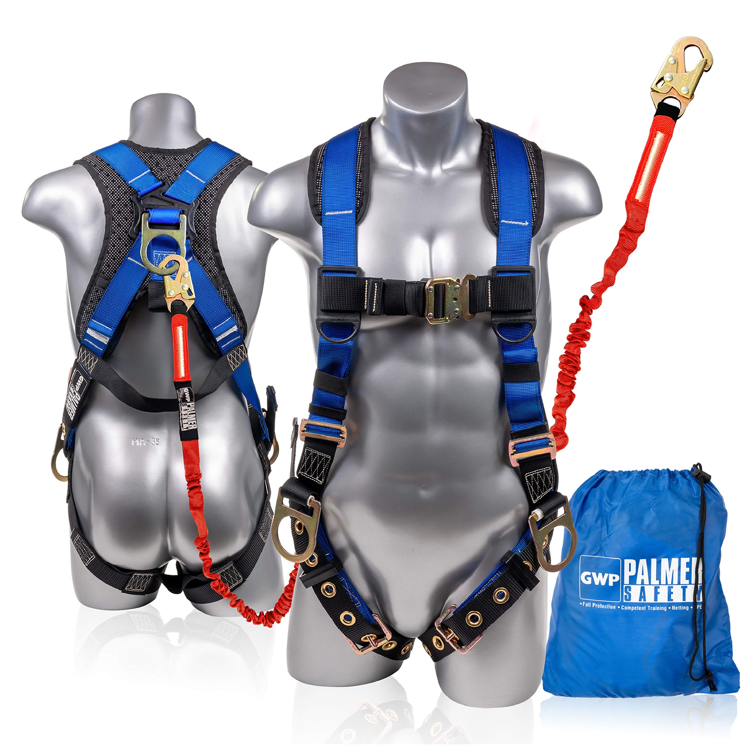 OSHA Compliant Full Body Safety Harness with Detachable 6ft Shock Absorbing Lanyard - Construction Fall Protection Kit (Harness + Steel Hook Leg Lanyard) - Ideal for Roofing, Scaffolding & Industrial Work Safety