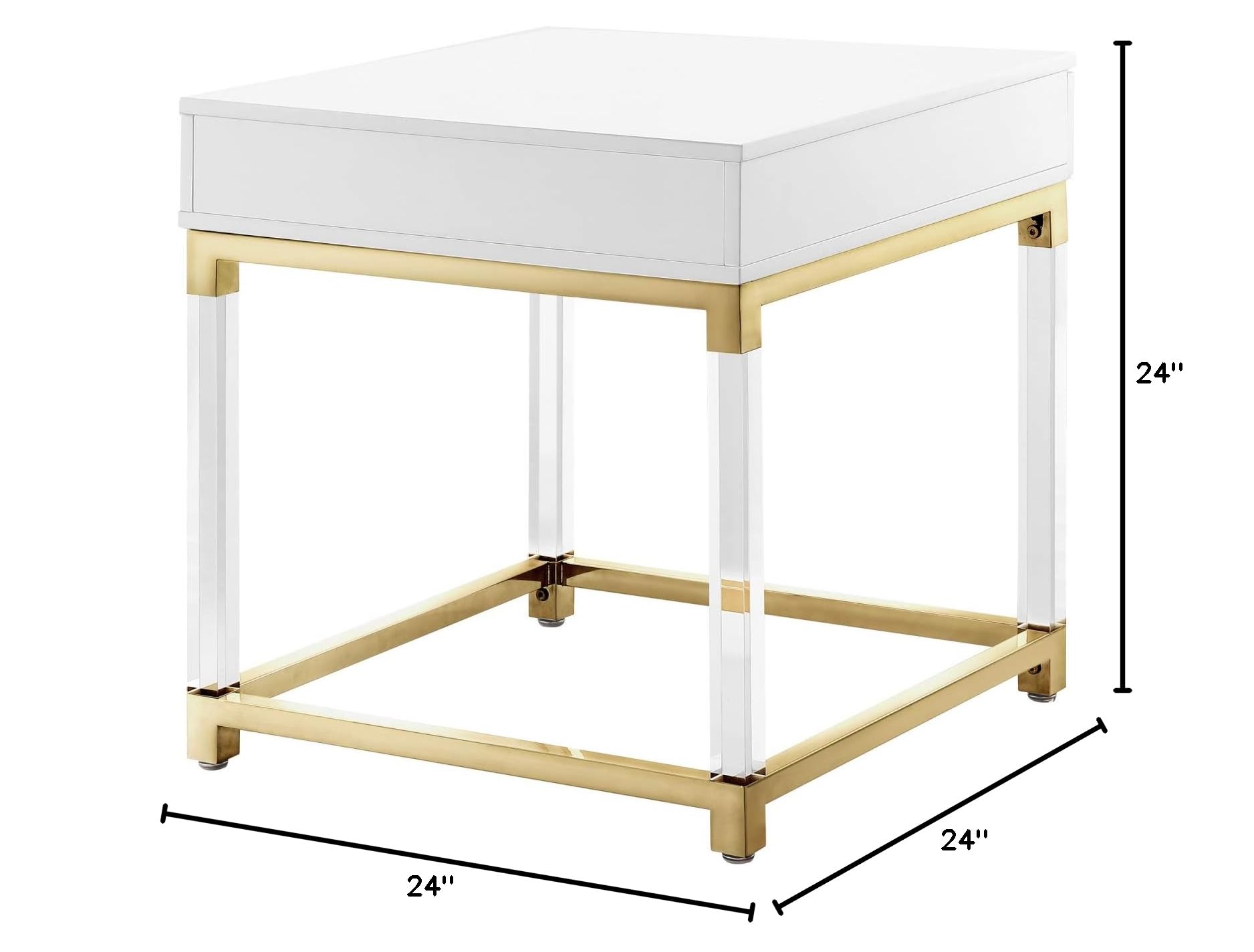 Casandra High Gloss White End Table with 1 Drawer, Acrylic Legs & Gold Stainless Steel Base - Perfect for Living Room, Bedroom or Office Nightstand