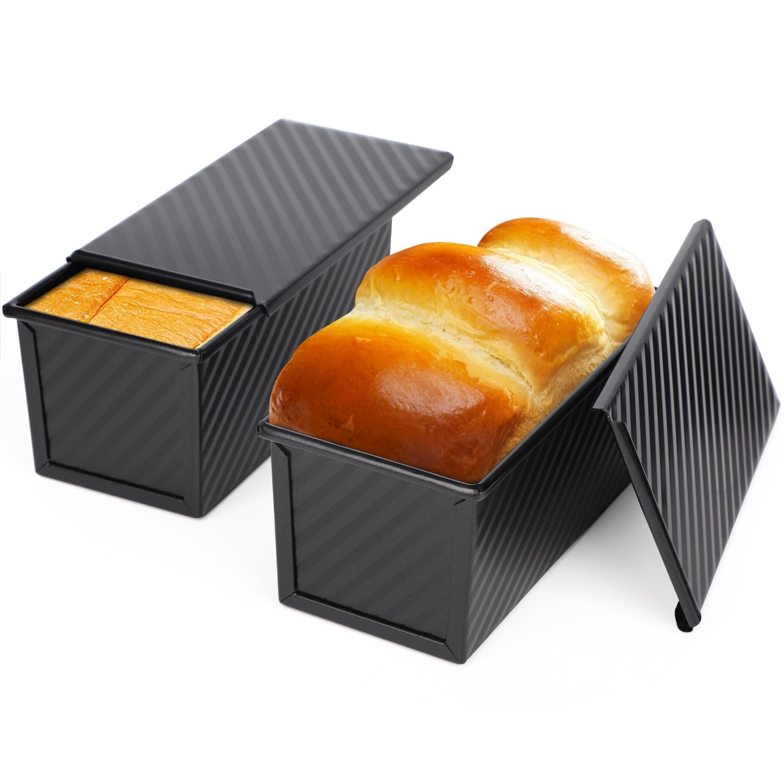 Beasea 2-Pack 0.5 lb Small Pullman Loaf Pans with Lid - Nonstick Carbon Steel Mini Bread Baking Pans for Homemade Bread, Toast, Sandwich - Perfect for Oven Baking & Meal Prep (Black)