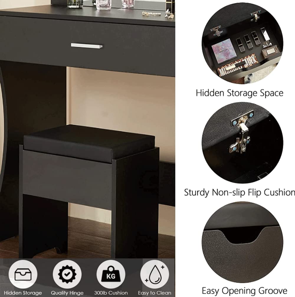 Lighted Vanity Table Set with Mirror for Women & Girls - Makeup Vanity Desk with Large Drawers, Cushioned Stool & Extra Storage | Perfect for Bedroom, Dressing Room & Beauty Salon