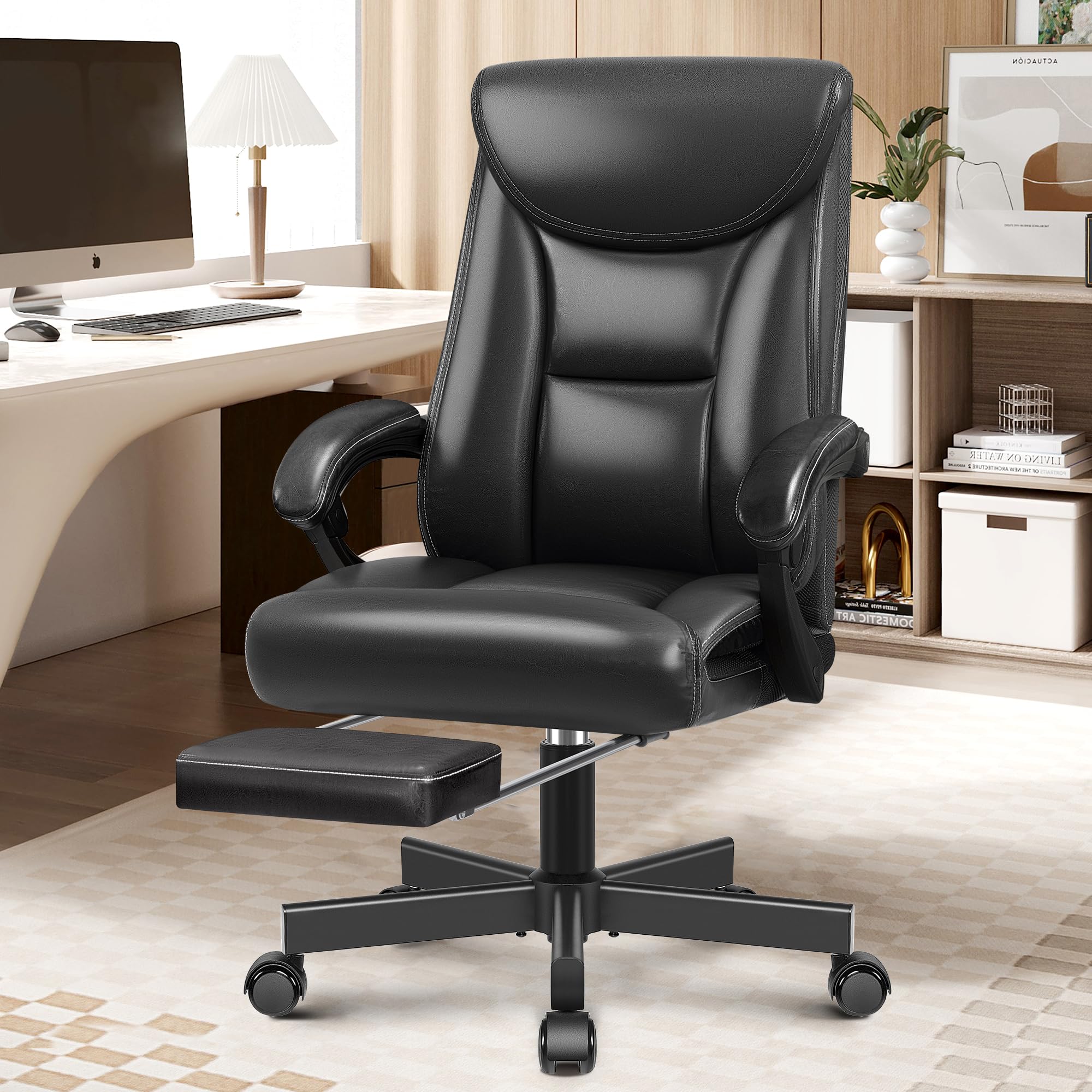 Premium Ergonomic Office Chair for Big and Tall - High Back Executive Leather Desk Chair with Lumbar Support, Swivel Base & Wheels - Home Office Computer Chair with Footrest (Glossy Black) - Perfect for Long Work Hours & Gaming Sessions