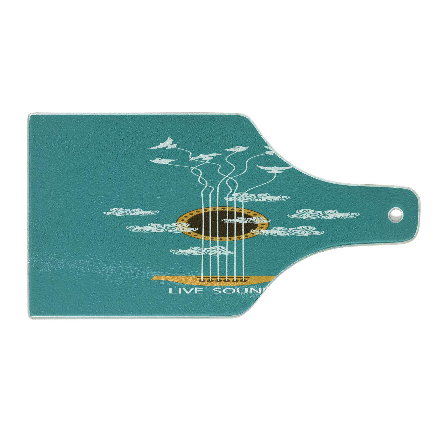 Ambesonne Guitar-Shaped Tempered Glass Cutting Board - Abstract Music Theme with Birds on Strings & Clouds Design - Decorative Serving Board for Kitchen & Entertaining - Perfect for Wine Bottles, Turquoise Marigold White - Ideal for Parties, Charcuterie Boards & Gift Giving