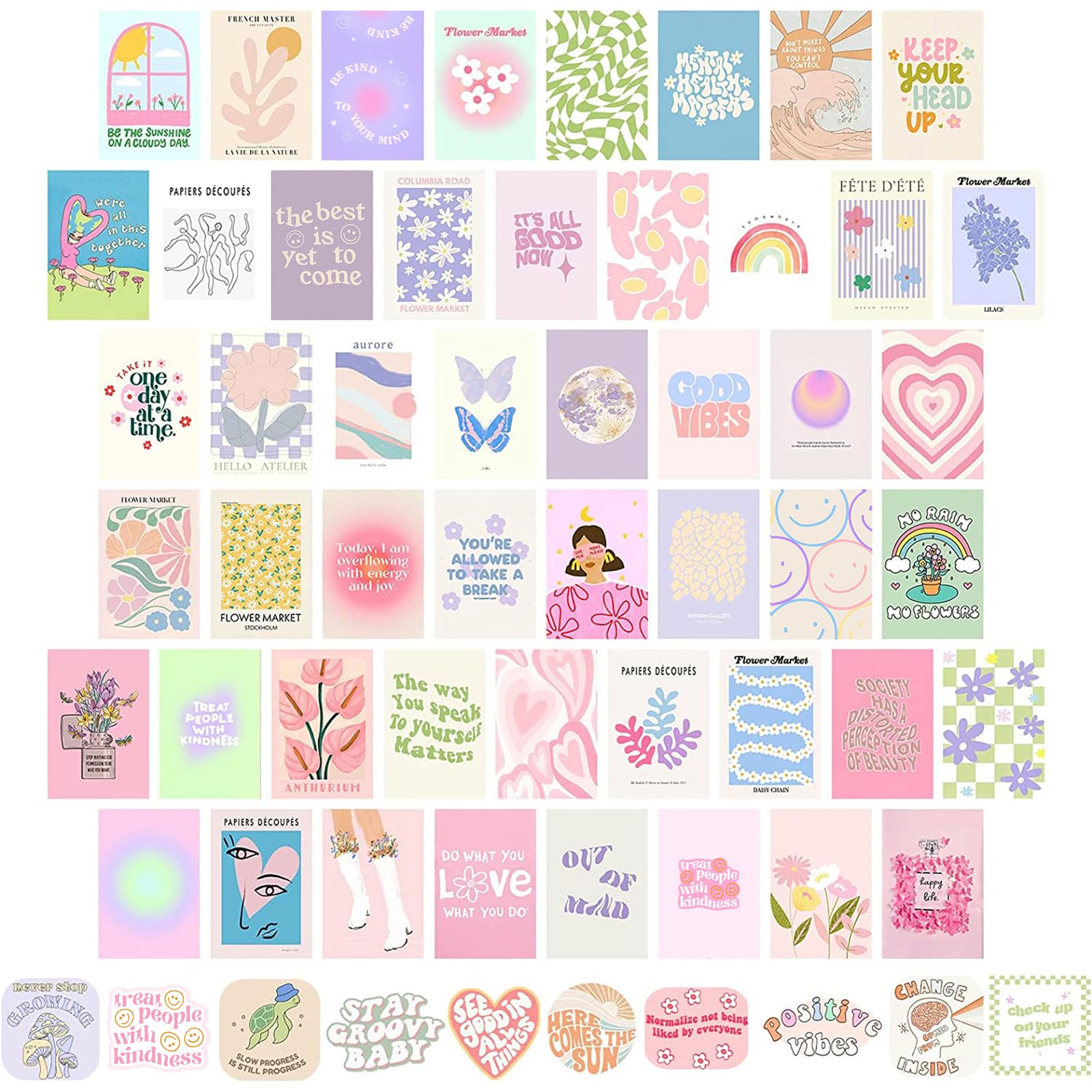 50pcs Danish Pastel Aesthetic Wall Decor Kit - Cute Pictures & Posters for Teen Girls Bedroom - Scandinavian Style Room Collage Set - Perfect for Dorm, Nursery & Instagrammable Home Decor