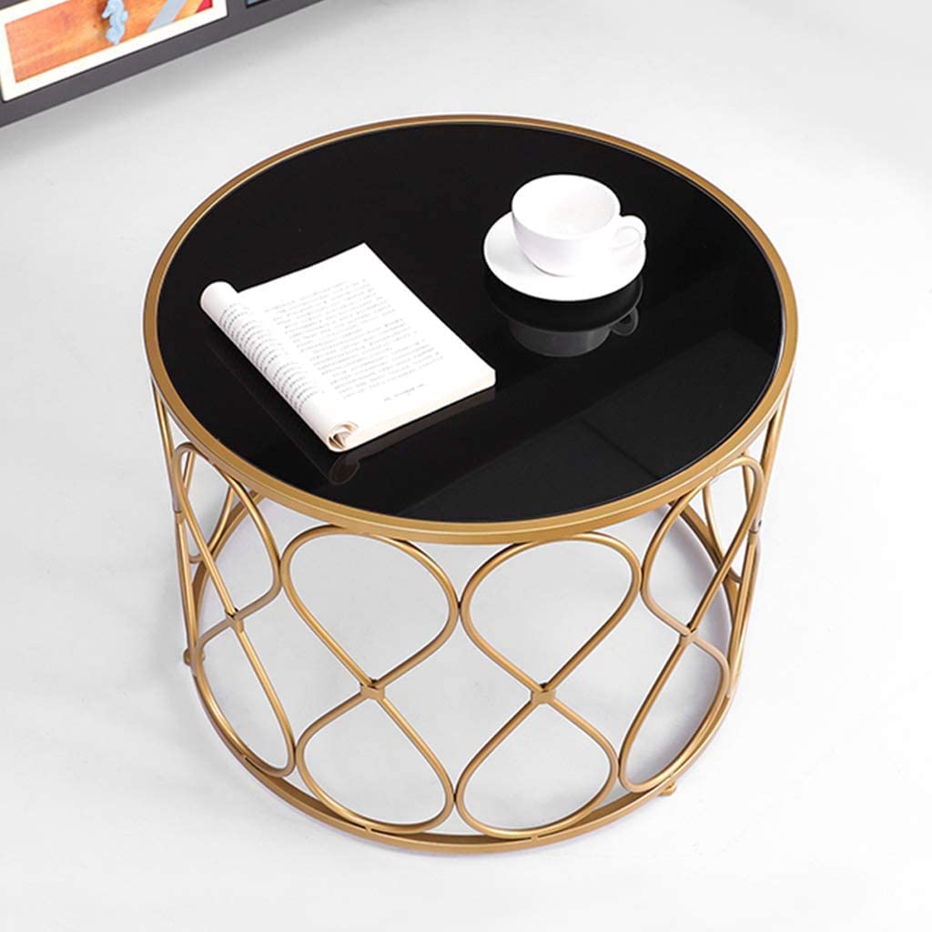Modern Round Black Tempered Glass Coffee Table with Gold Iron Frame - Stylish Side Table for Living Room, Office & Dining Area | Perfect for Small Spaces, Home Decor & Entertaining Guests