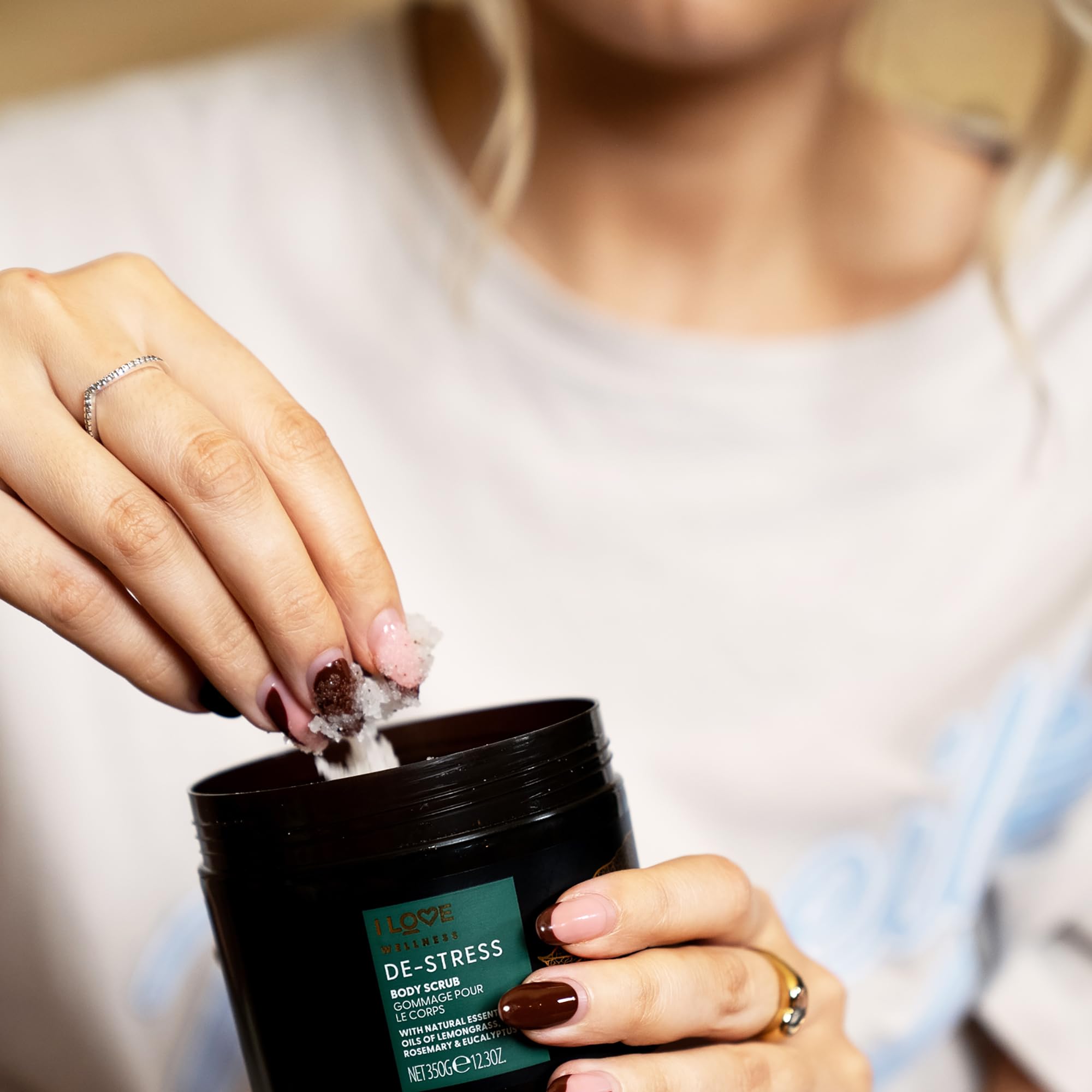 I LOVE Wellness De-Stress Body Scrub - Exfoliating Sea Salt Shower Scrub with Lemongrass, Eucalyptus & Coconut Oil (12.3 oz) - Perfect for Relaxation & Skin Renewal in Bath or Shower
