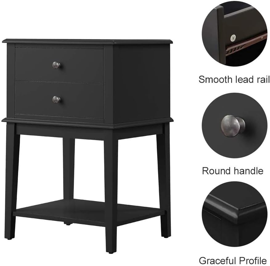 Coniferism Black Nightstand End Table with 2 Drawers & Storage Shelf - Tall Bedside Table for Bedroom, Living Room - Modern Bedside Cabinet with Ample Storage Space for Lamps, Books & Bedroom Essentials