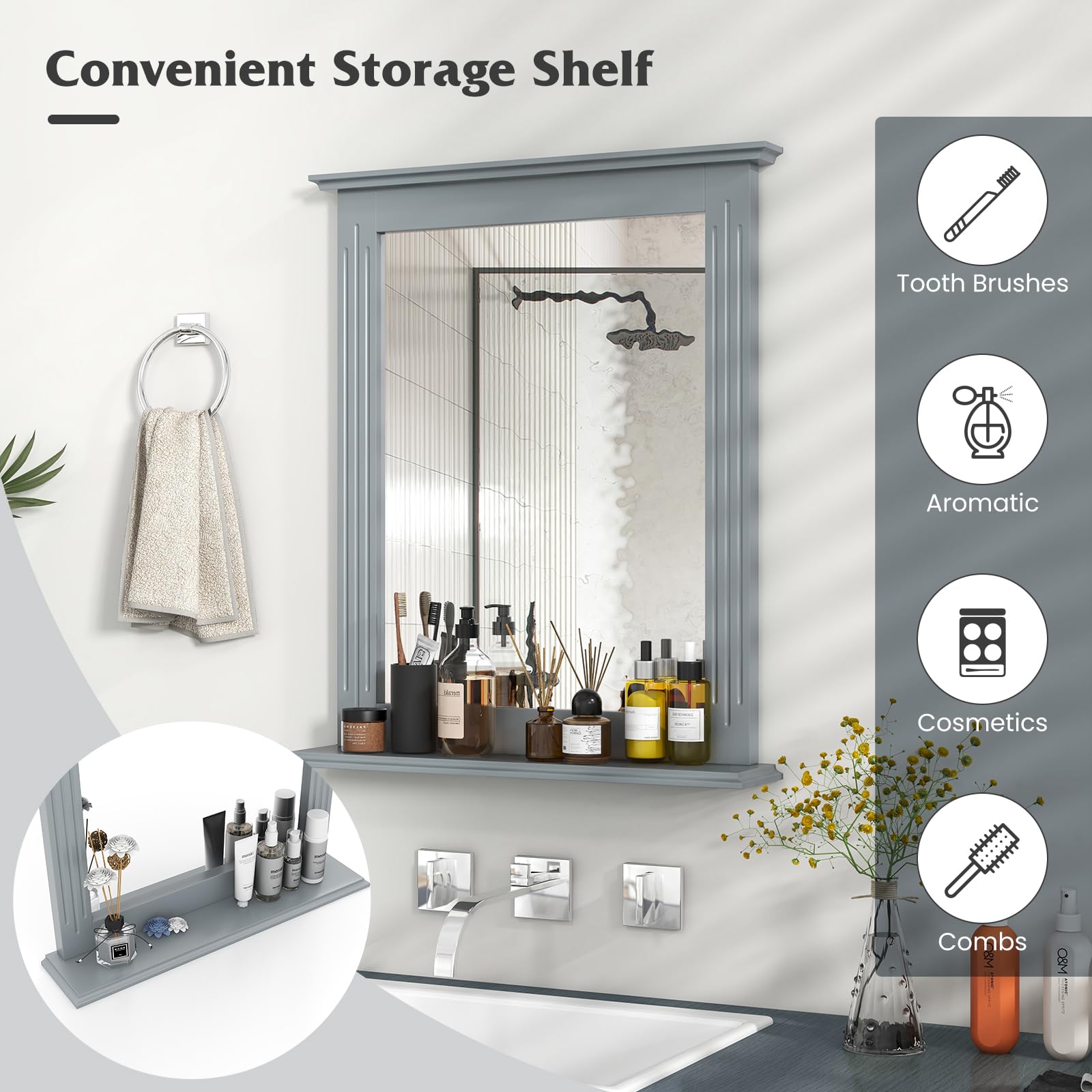 Tangkula Square Bathroom Wall Mirror with Shelf - Modern Vanity Mirror for Makeup, Dressing Room, Washroom & Bedroom - Wall Mounted Hanging Mirror (Grey) | Perfect for Daily Grooming, Home Decor & Small Space Organization