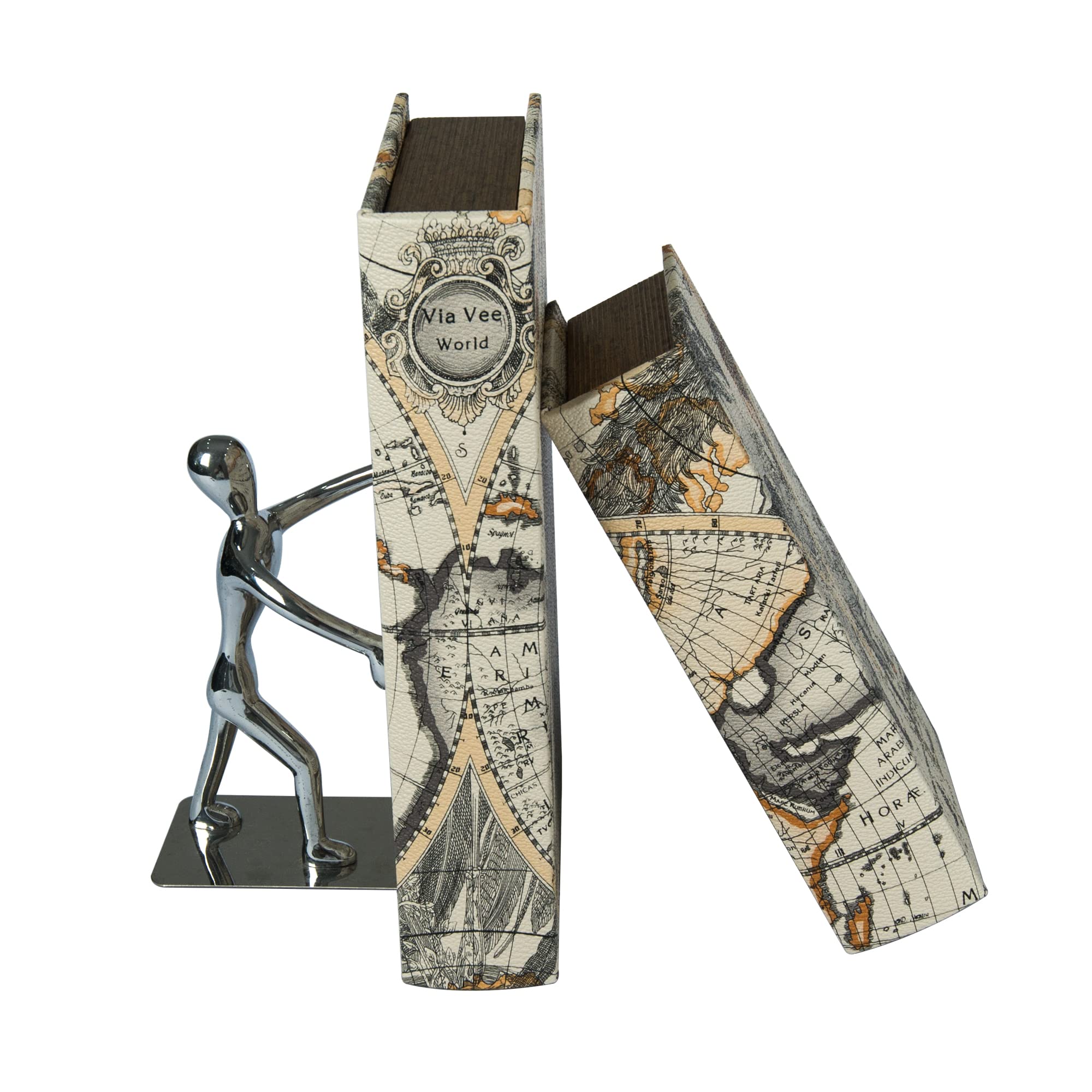 Faux Book Storage Box Set of 2 - World Map Pattern for Home & Shelf Decor | Coffee Table Display