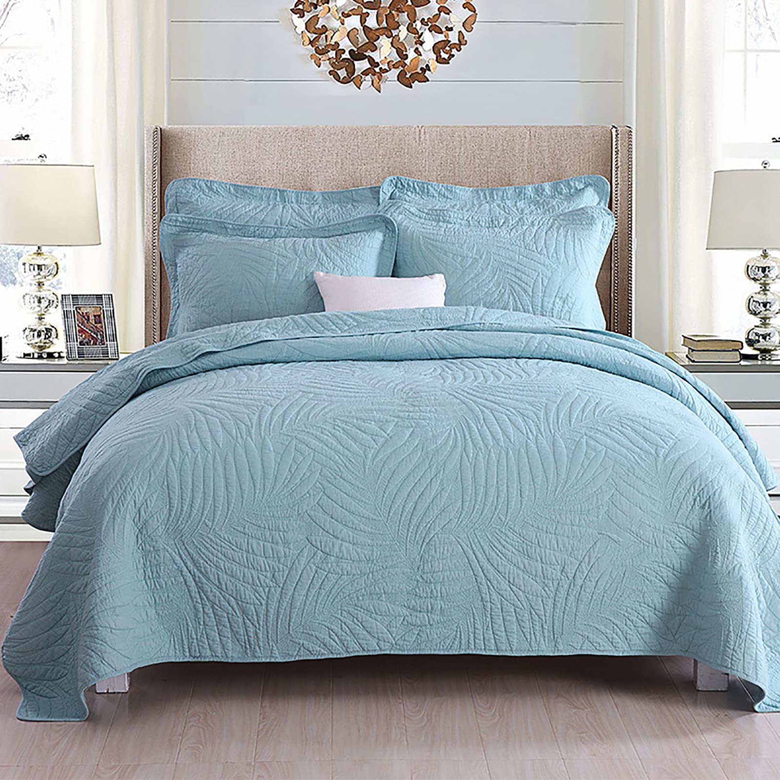 WECDS 3-Piece Quilted Bedspread Set - 100% Brushed Microfiber Reversible Comforter Cover, Queen/Full Size, Solid Blue - Soft & Washable Bedding for All Seasons - Perfect for Master Bedroom, Guest Room & Dorm Decor