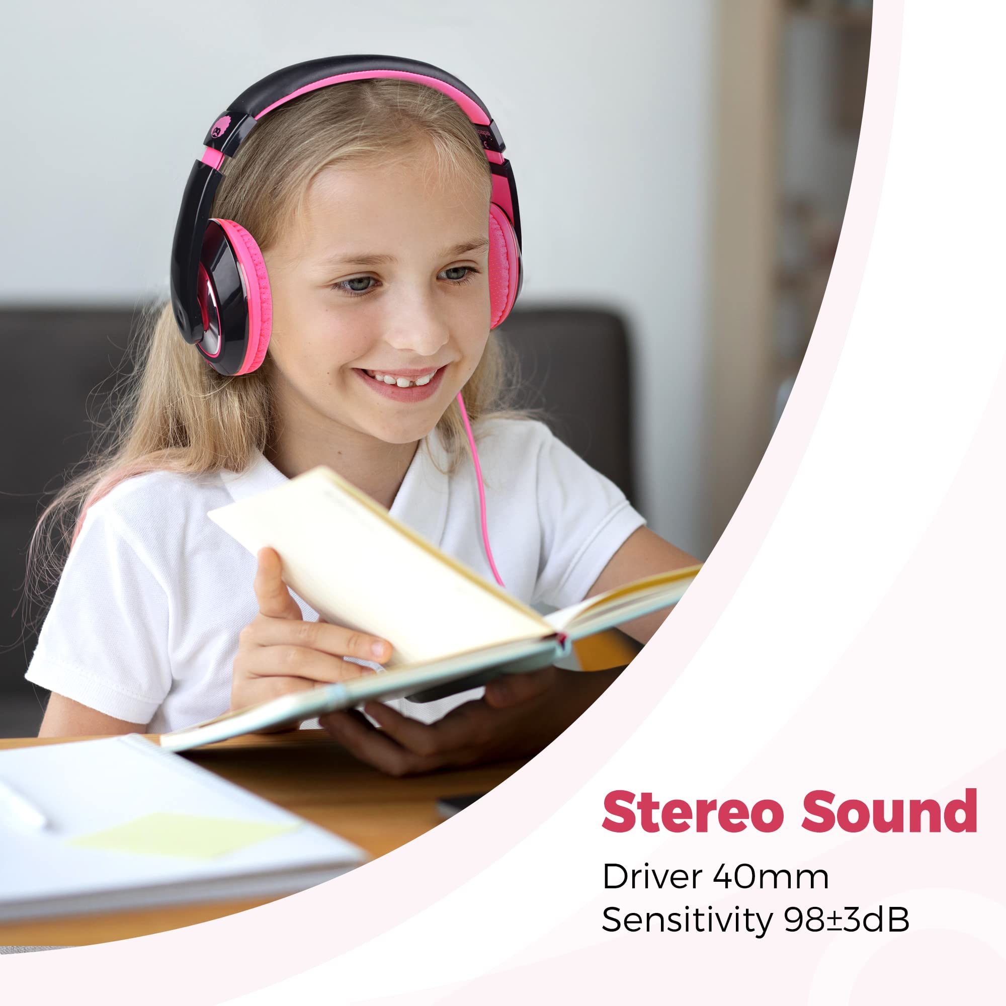 Rockpapa Comfort Kids Headphones - Adjustable Over Ear Wired Headphones for Children, Girls, Teens & Adults with Stereo Sound (Black Pink) - Perfect for School, Travel, Online Learning & Home Use