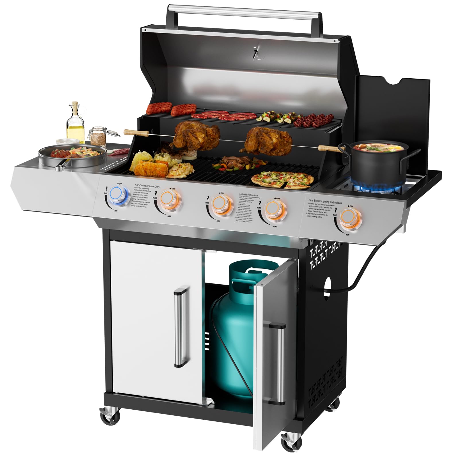 SKOK 4-Burner Stainless Steel Propane Gas Grill with Side Burner - 60,000 BTU BBQ Grill with Porcelain-Enameled Cast Iron Grates, 629 Sq.In Grilling Area - Perfect for Backyard BBQs, Tailgating & Outdoor Cooking Parties