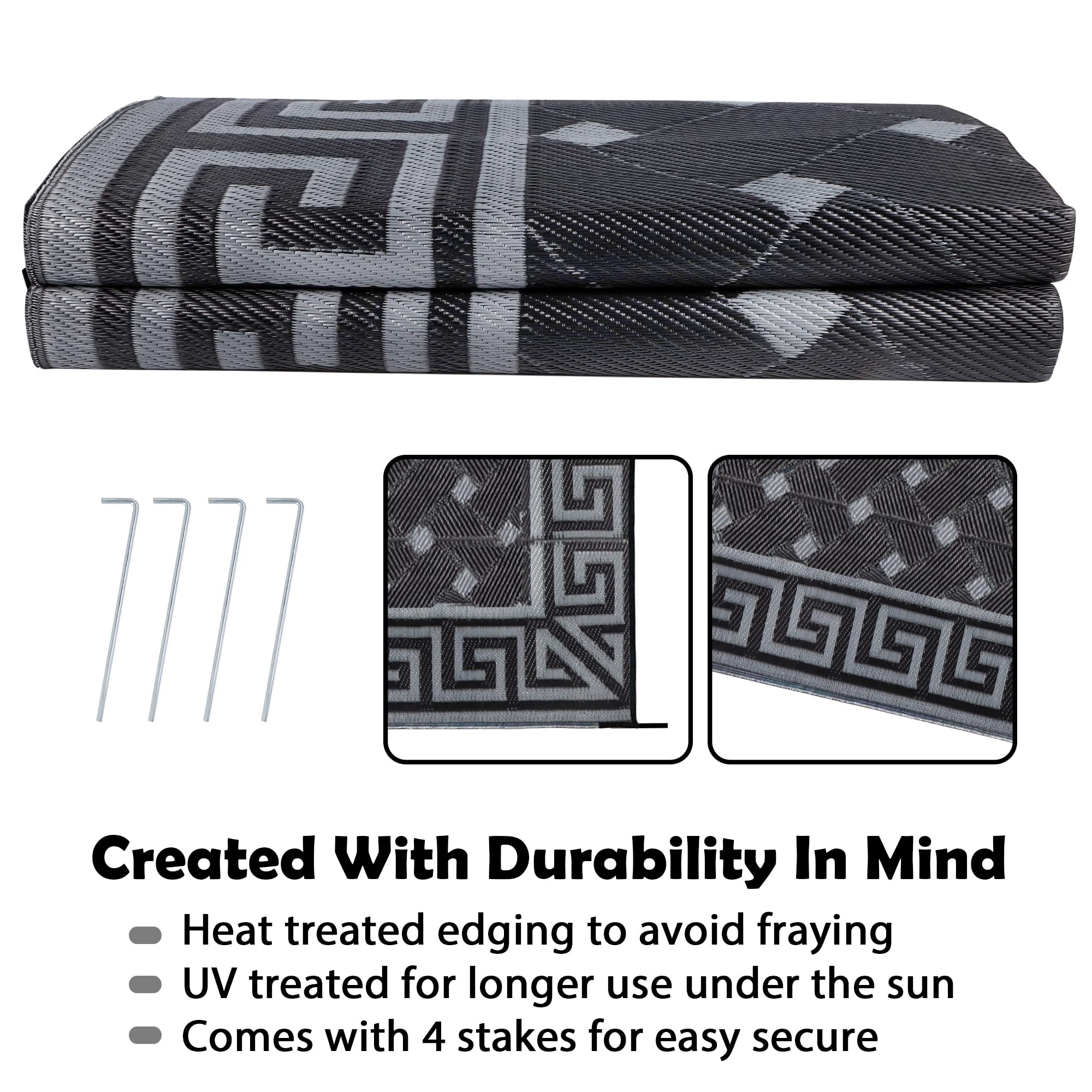 Reversible Plastic Straw Rug - 9' x 12' Black & Grey Outdoor Floor Mat for Patio, Deck, Backyard, RV, Beach & Camping - Durable & Modern Area Rug for Picnics, Lounging & Outdoor Entertaining
