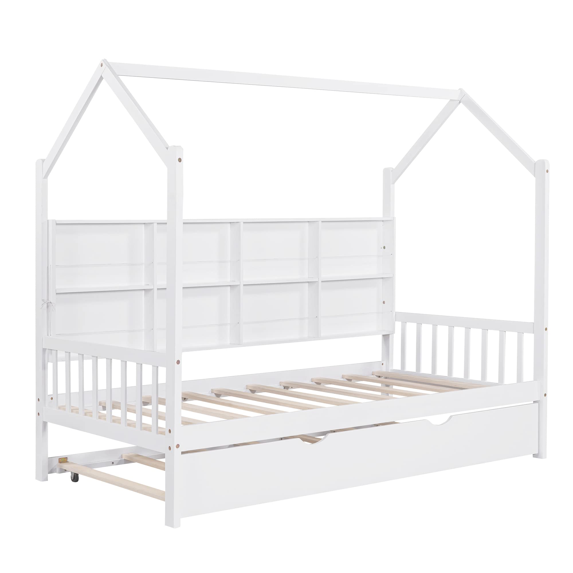 Montessori Twin House Bed with Trundle & Storage - Solid Wood Playhouse Bed Frame with Roof & Tent for Kids, Teens, Boys & Girls - Perfect for Bedrooms, Playrooms & Montessori Learning Spaces (White, Twin Size)