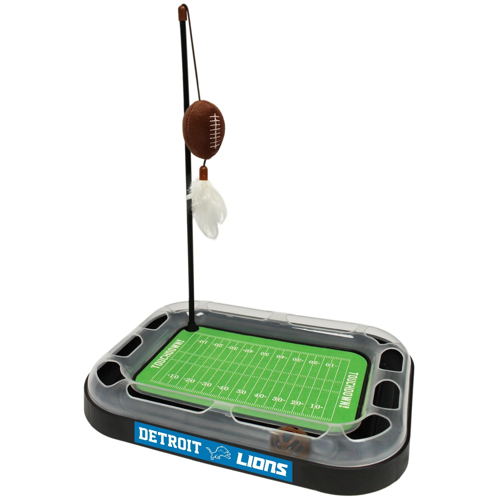 Detroit Lions NFL Football Field Cat Scratcher Toy with Catnip Plush Football & Feather Wand - Interactive 5-in-1 Kitty Play Set for Chasing, Scratching & Playtime Fun - Perfect for Active Cats & NFL Fans