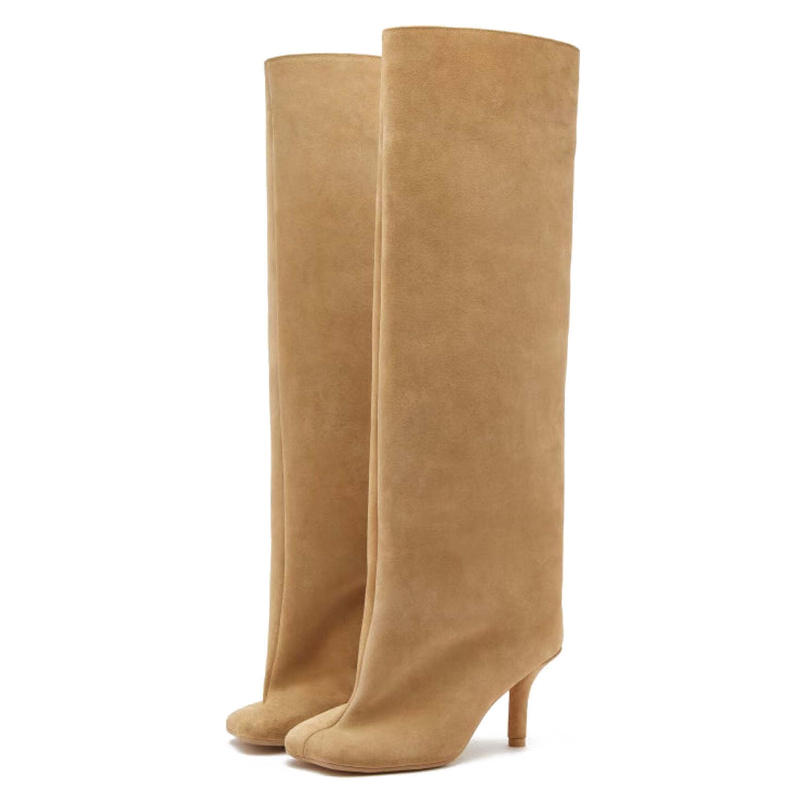 Yishaweiqi Women's Camel Suede Knee High Boots - Square Toe Stiletto Heel Pull On Tall Boots for Wide Calf | Stylish & Comfortable Fall Fashion Boots for Work, Dating & Night Out