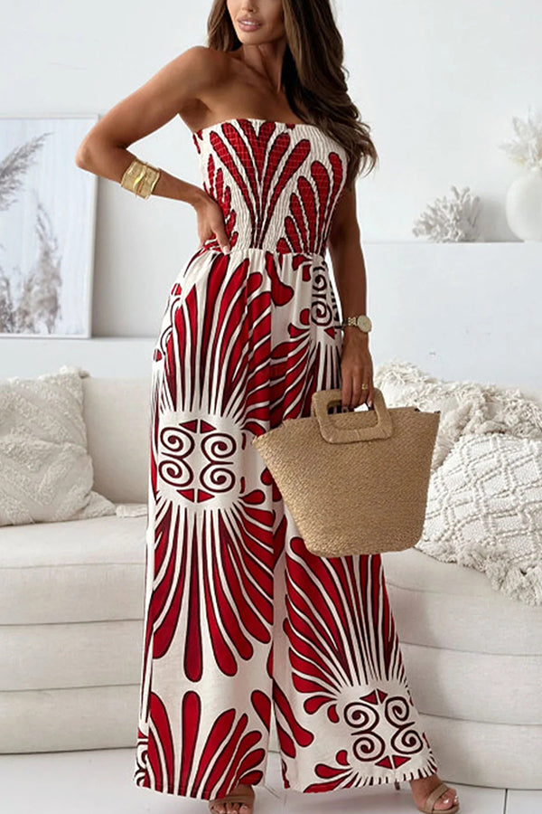 Stylish Printed Off-Shoulder Pleated Wide Leg Jumpsuit for Women - Perfect for Casual Outings, Beach Vacations & Summer Parties