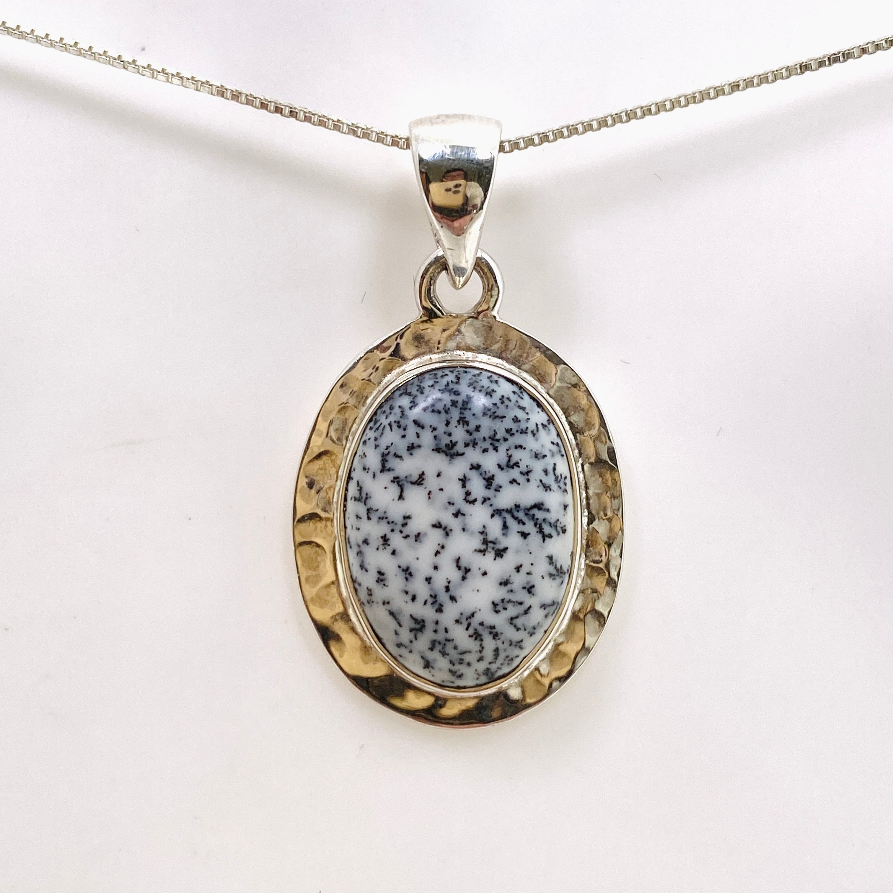 Natural Dendritic Opal Oval Cabochon Pendant with Hammered Sterling Silver Setting - KPGJ4675 | Handmade Jewelry for Women, Boho Chic Necklace Gift for Her, Perfect for Everyday Wear & Special Occasions